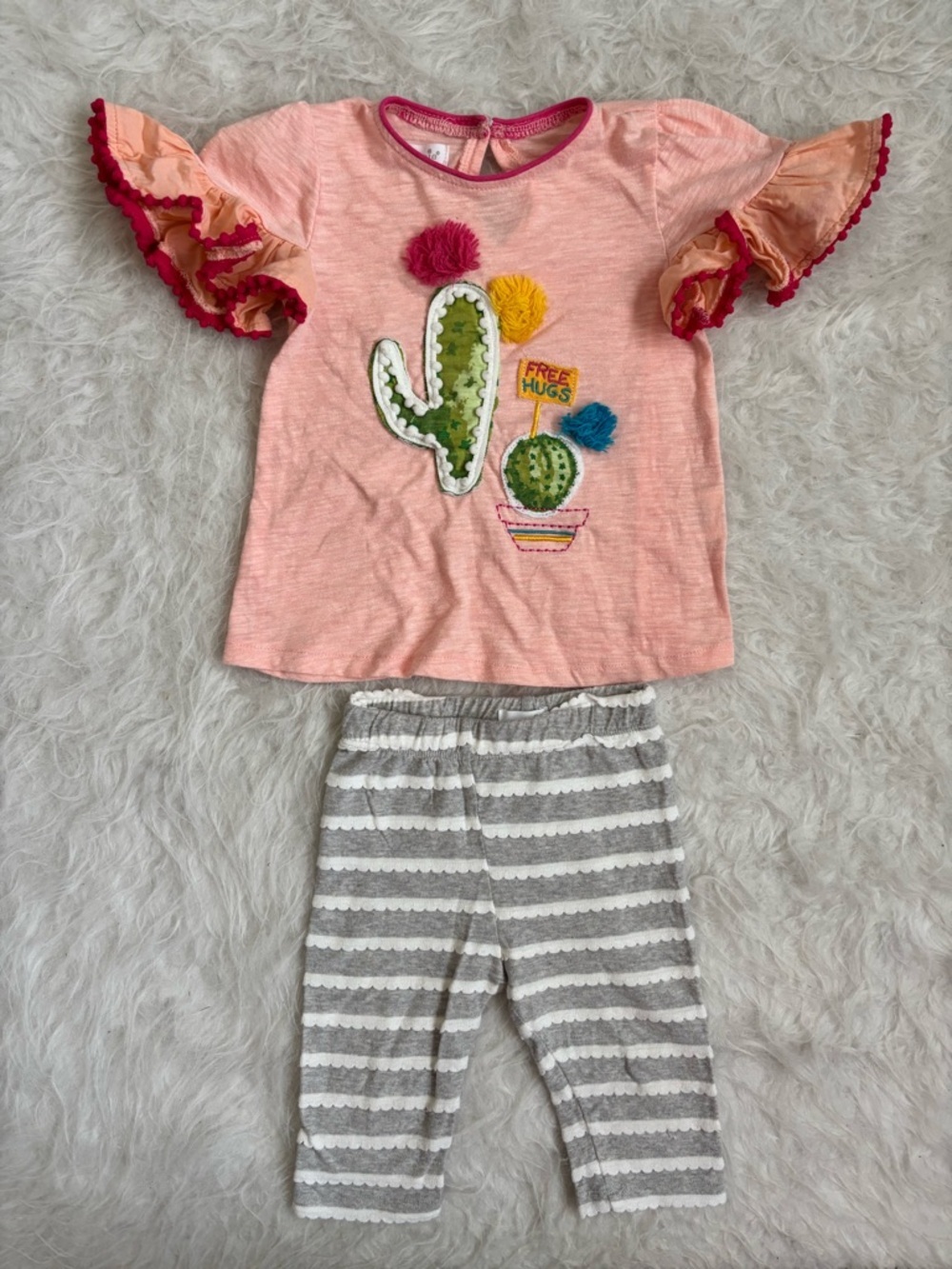 Mudpie Baby Girl Boho Peach Cactus Pom-Pom Tee & Gray Stripe Leggings Set